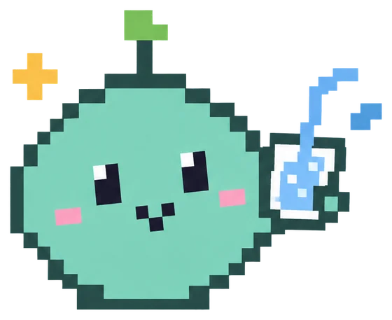 Blob holding up a glass of water with a blue straw.