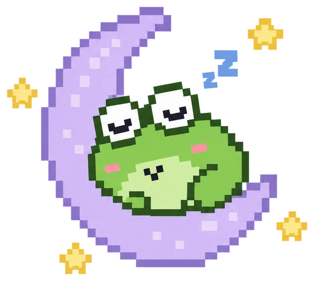 Pip the frog asleep on a lavender crescent moon.