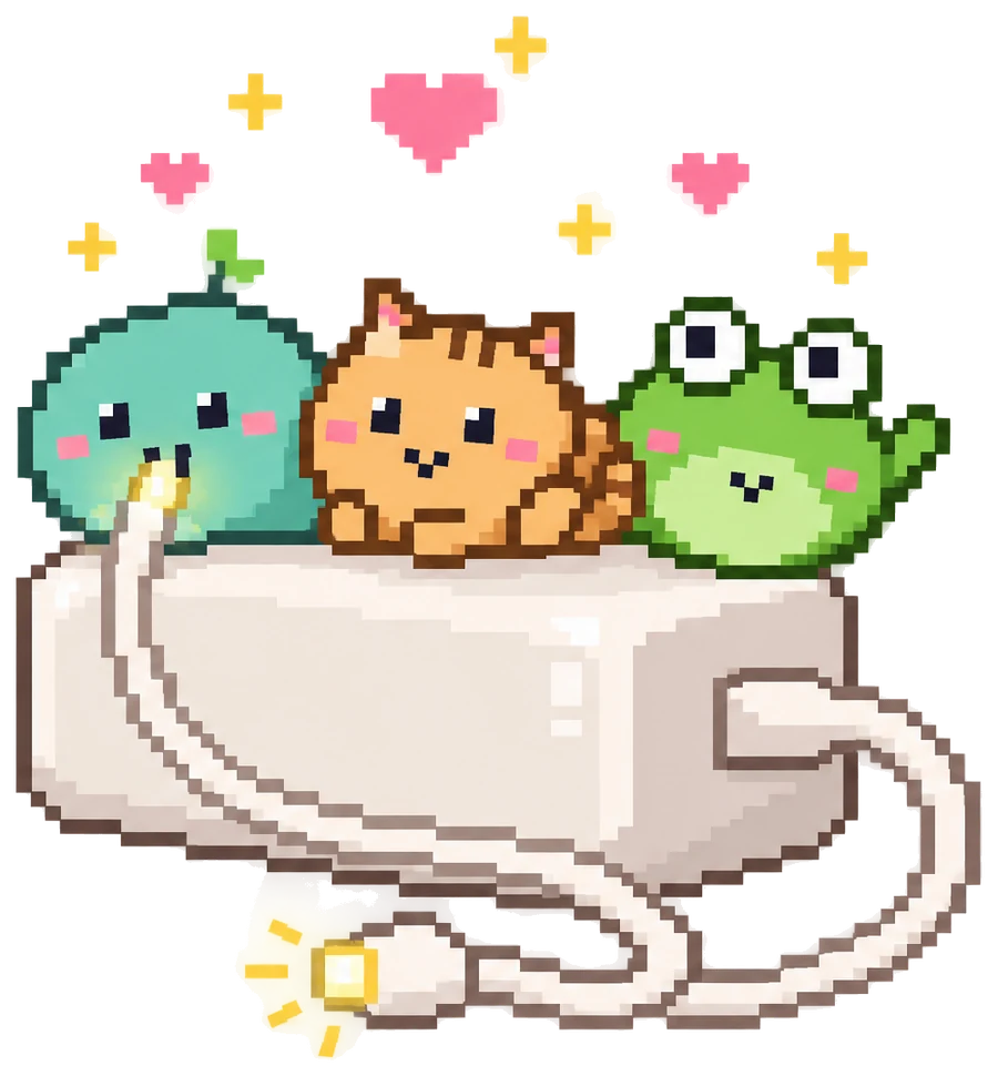 The three Plugpal pets, a mint blob, an orange cat and a green frog, snuggled on a laptop charger.