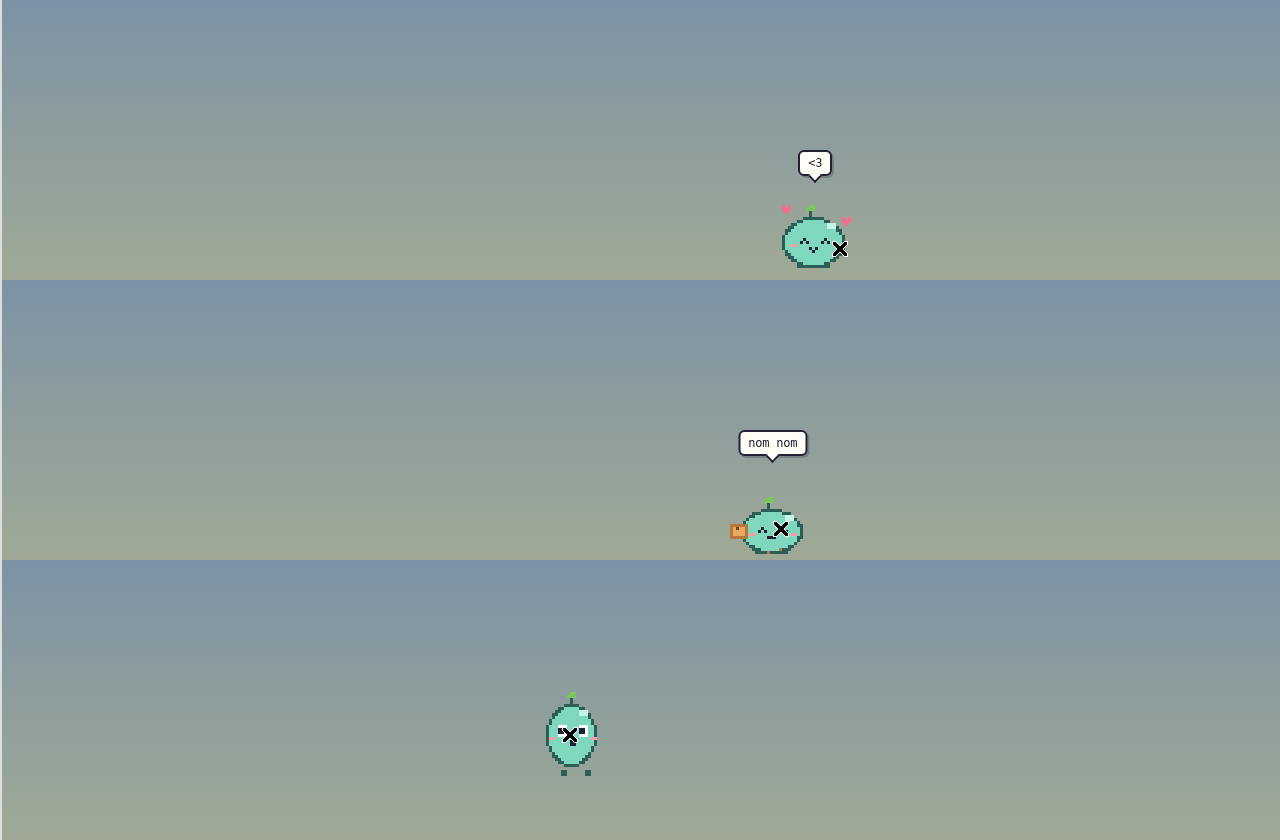 Three frames of Blob: getting petted with hearts, eating a snack, and dangling while being dragged.