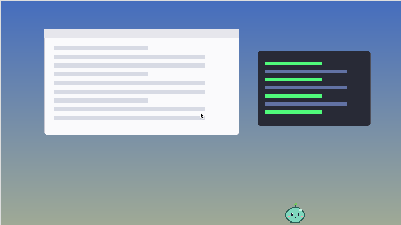 A desktop with two app windows and Blob sitting on the bottom edge of the screen.